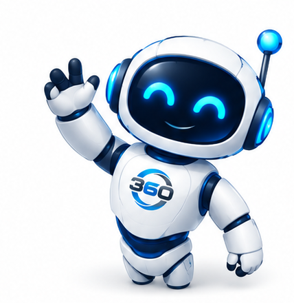 Friendly blue-and-white 360 AI robot mascot waving hello